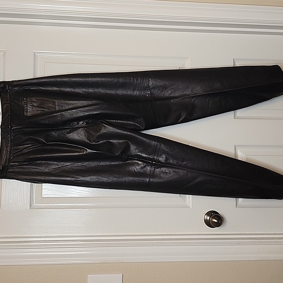 Licole Womens Vintage High Waisted Pleated Black Genuine Leather Pants Trousers - Picture 2 of 16